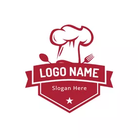 レストランロゴ Red Banner and Chef Cap logo design