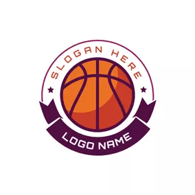 Logótipo De Desportos E Fitness Purple Banner Yellow Basketball logo design