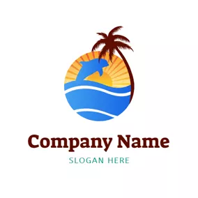 イルカロゴ Abstract Coconut Tree and Dolphin logo design