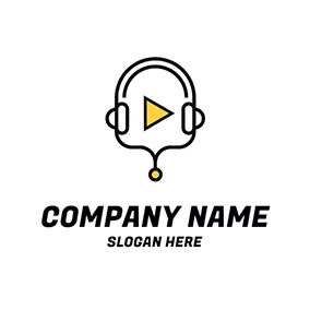 Outline Logo Black Headset and Yellow Play Button logo design
