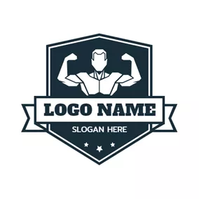 Comics Logo Blue Badge and Bodybuilder logo design