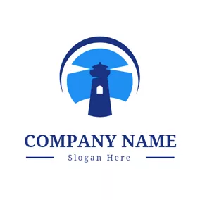 光 Logo Blue Lamplight and Lighthouse logo design