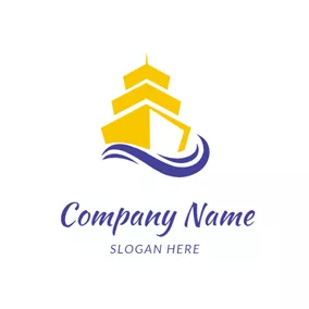 Rectangle Logo Blue Wave and Yellow Steamship logo design