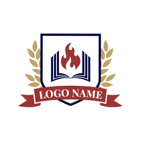 Classroom Logo Golden Leaves Encircled Book and Torch Badge logo design